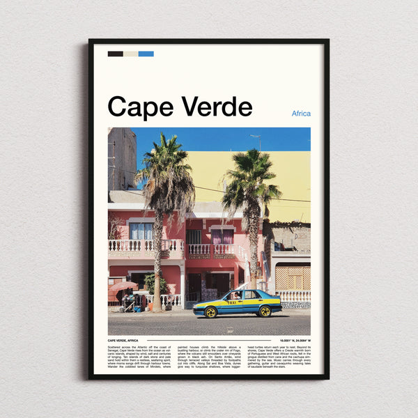 Cape Verde Colourful Harbour Taxi Travel Print framed and photographed straight on