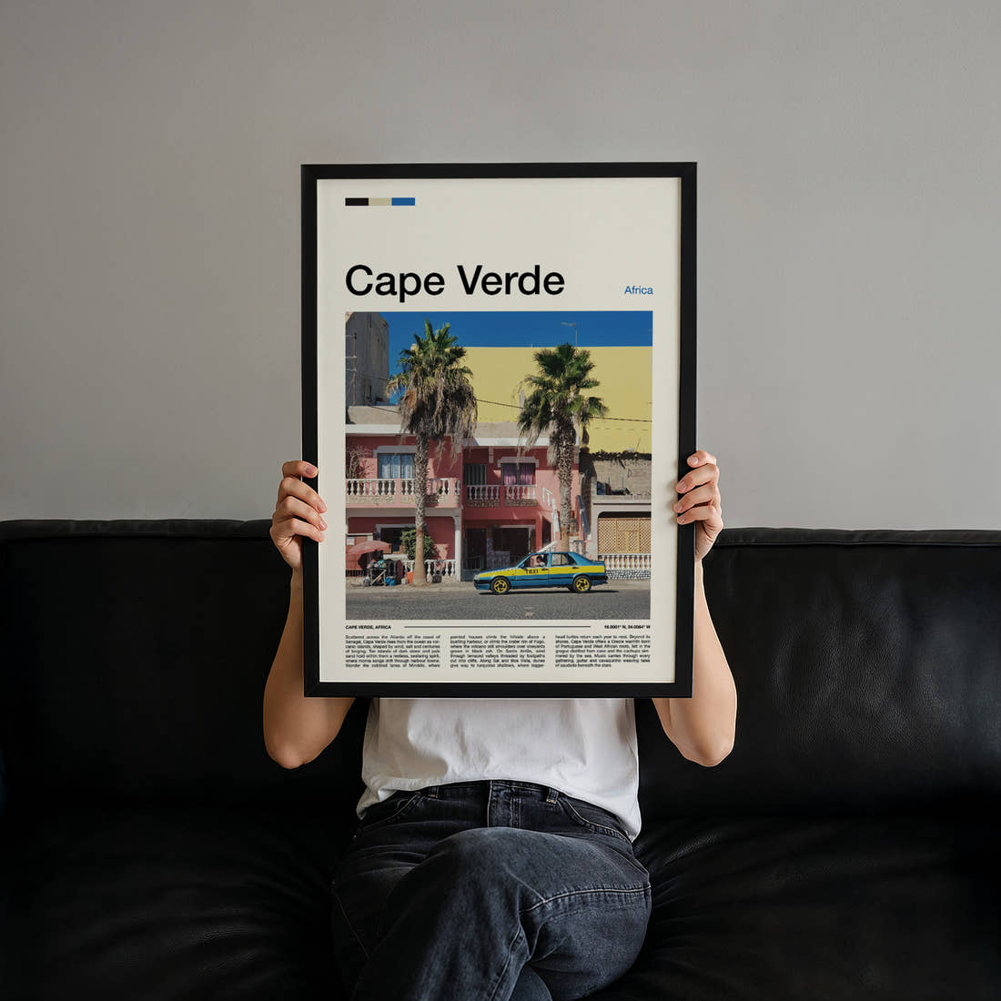 Cape Verde Colourful Harbour Taxi Travel Print held up by hand to show the size of the print