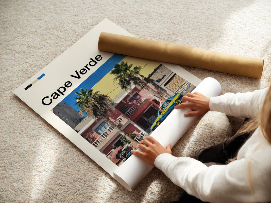 Cape Verde Colourful Harbour Taxi Travel Print being unrolled from its postal tube
