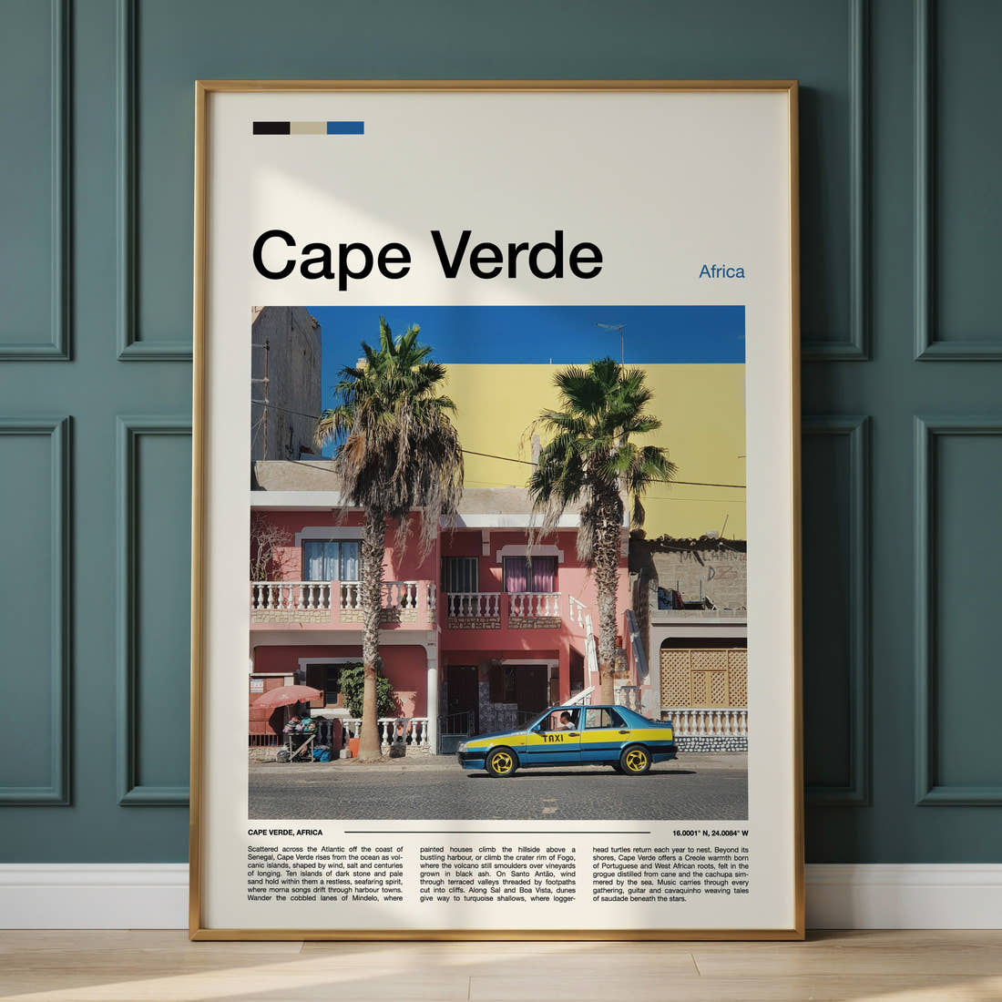 Cape Verde Colourful Harbour Taxi Travel Print framed on the wall of a calm, neutral bedroom
