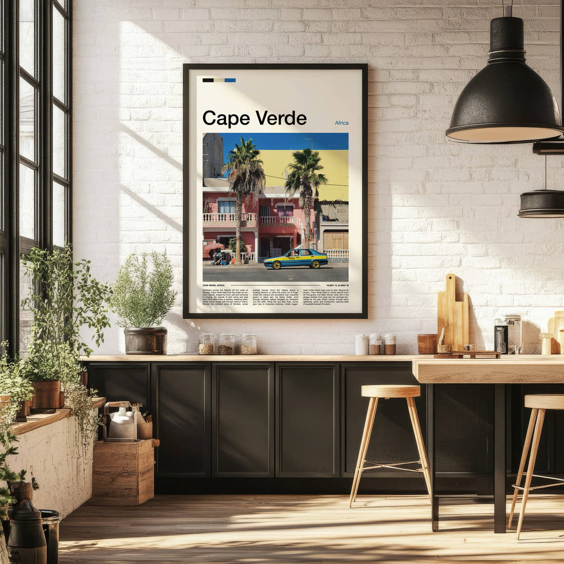 Cape Verde Colourful Harbour Taxi Travel Print framed on the wall of a bright kitchen and dining space