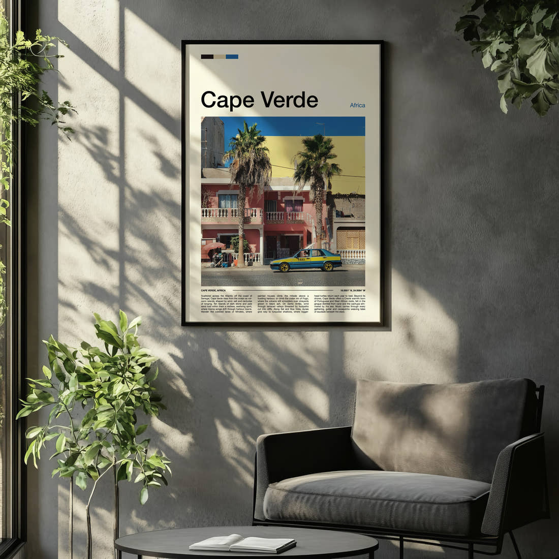 Cape Verde Colourful Harbour Taxi Travel Print framed on the wall of a relaxed living room