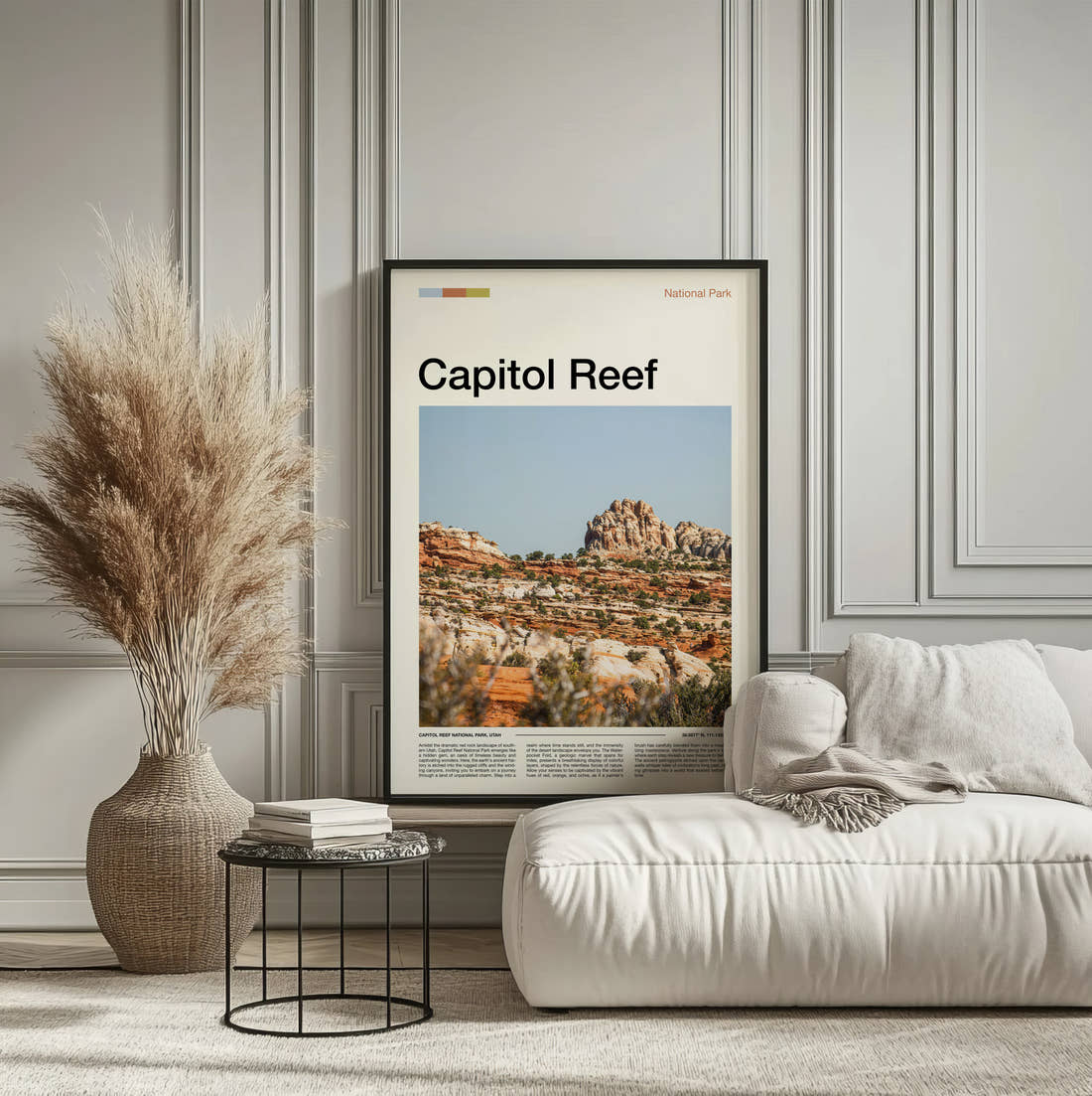 Capitol Reef Sandstone Rock Formations Travel Print framed on the wall of a calm, neutral bedroom