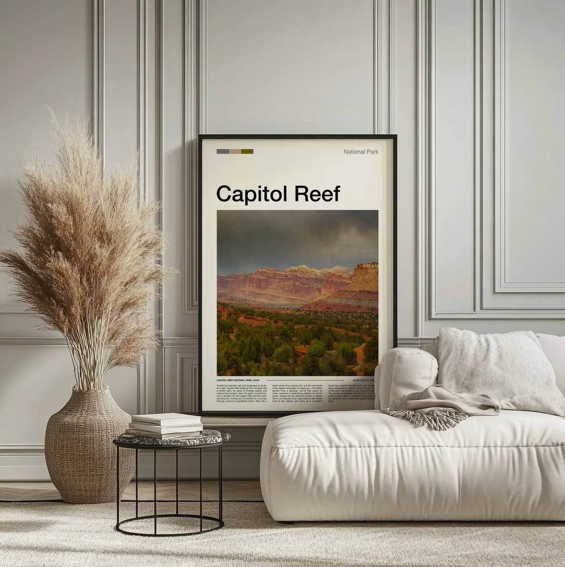 Capitol Reef Red Rock Cliffs Travel Print framed on the wall of a calm, neutral bedroom