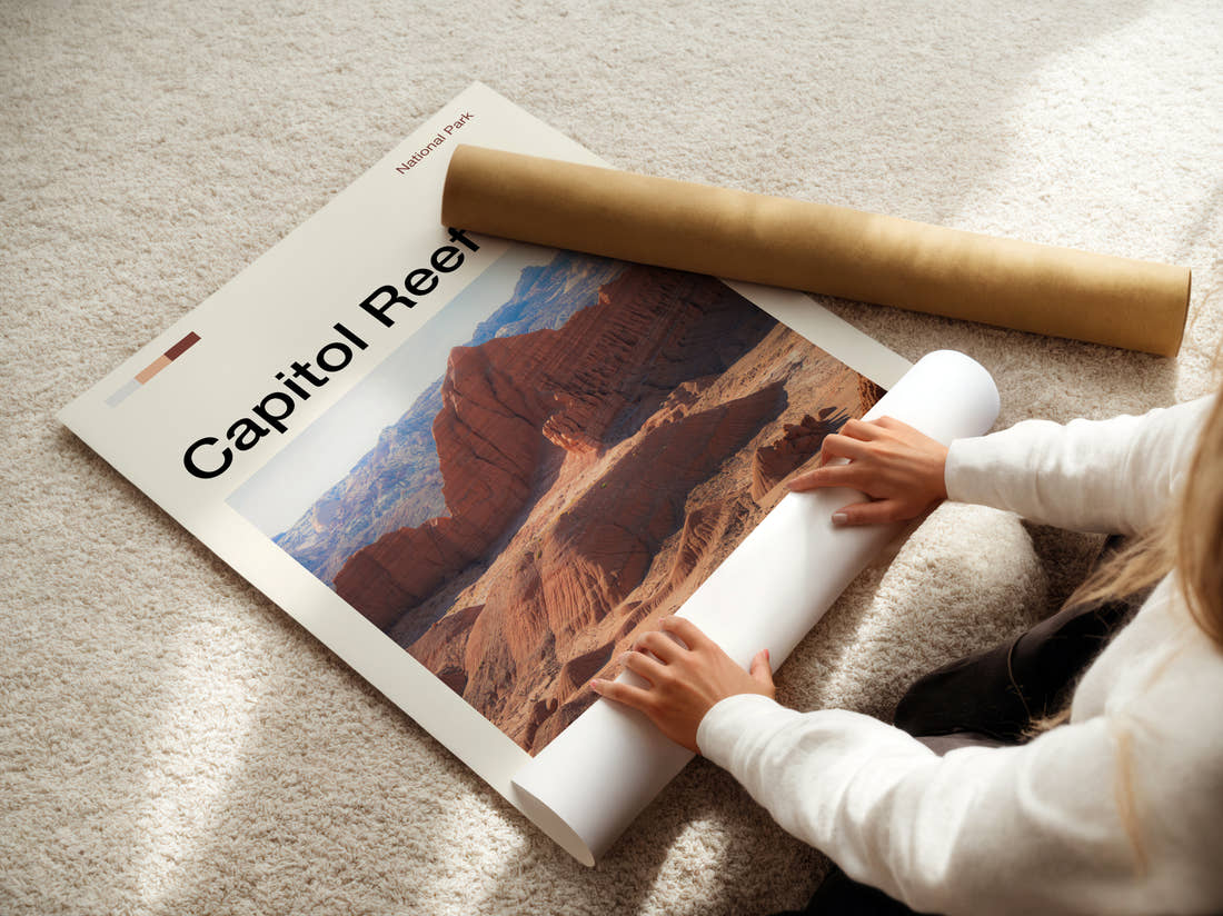 Capitol Reef Eroded Red Cliffs Travel Print being unrolled from its postal tube