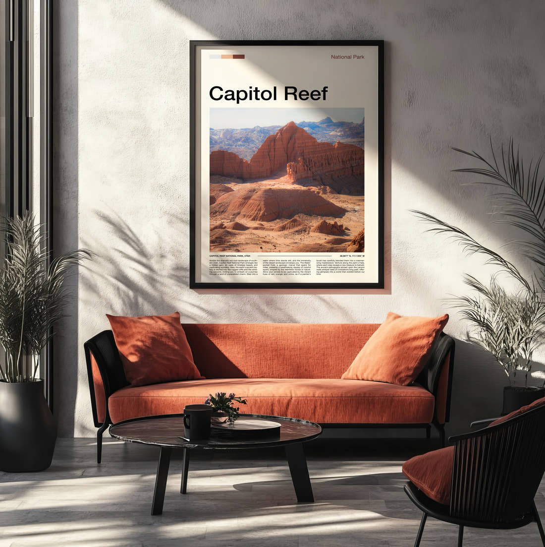 Capitol Reef Eroded Red Cliffs Travel Print framed on the wall of a modern living room
