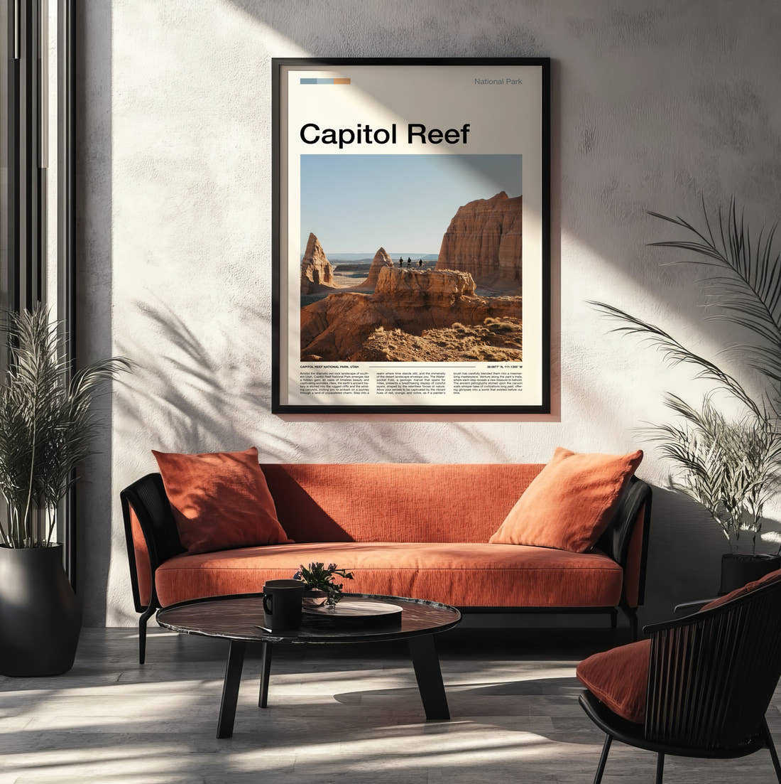 Capitol Reef Sandstone Rock Formation Travel Print framed on the wall of a modern living room