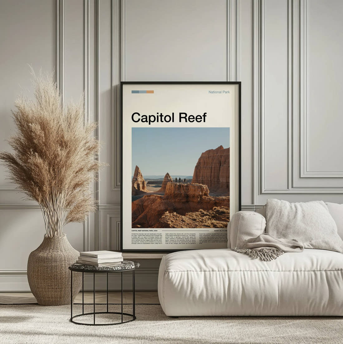 Capitol Reef Sandstone Rock Formation Travel Print framed on the wall of a calm, neutral bedroom