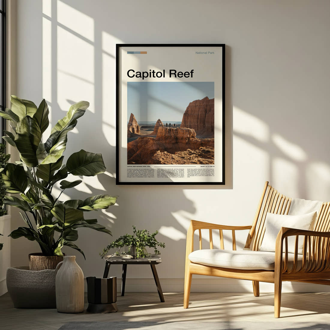 Capitol Reef Sandstone Rock Formation Travel Print framed on a pale wall beside houseplants