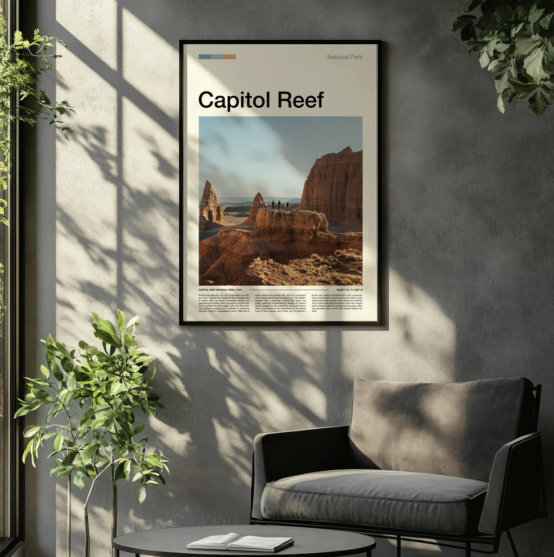 Capitol Reef Sandstone Rock Formation Travel Print framed on the wall of a relaxed living room