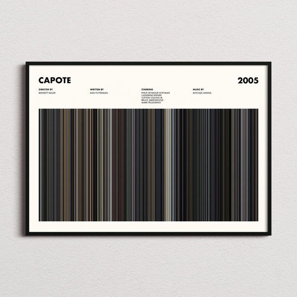 Capote Movie Barcode Poster framed and photographed straight on