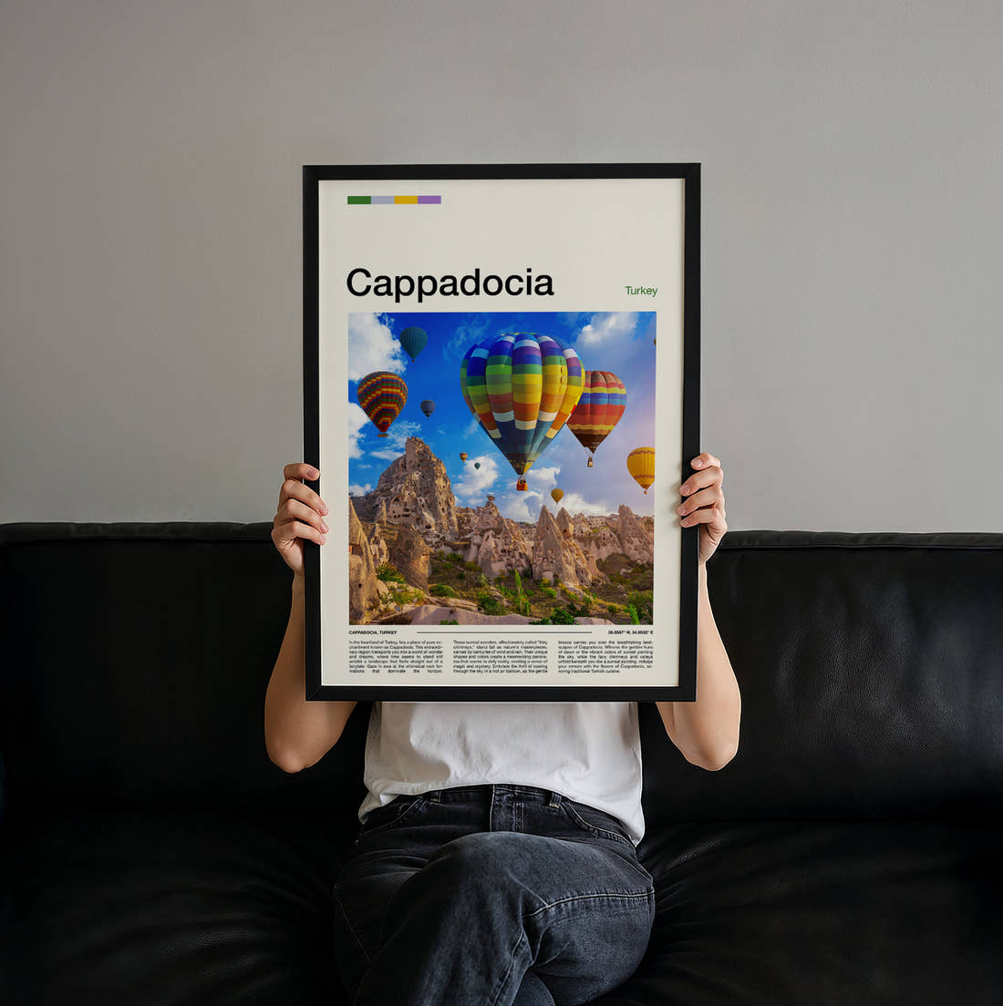 Cappadocia Hot Air Balloons Travel Print held up by hand to show the size of the print