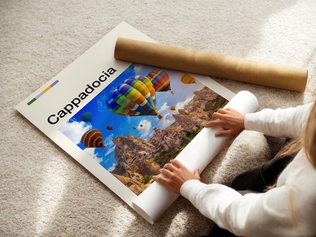 Cappadocia Hot Air Balloons Travel Print being unrolled from its postal tube