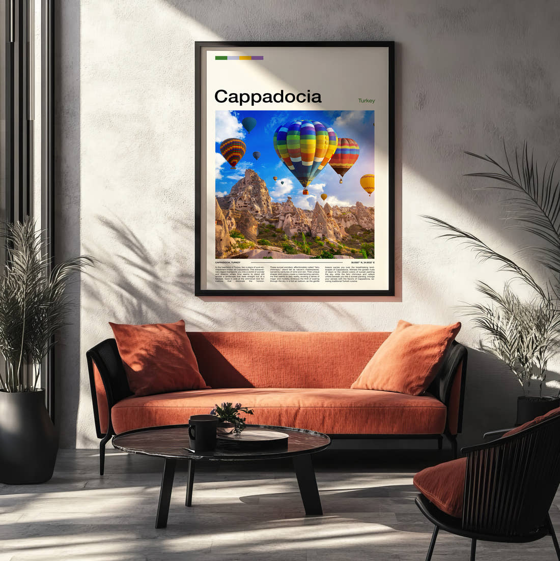 Cappadocia Hot Air Balloons Travel Print framed on the wall of a modern living room