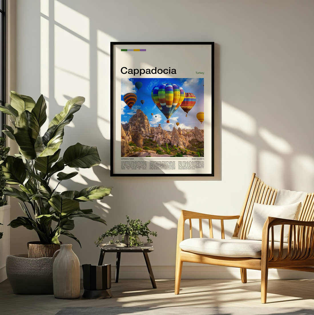 Cappadocia Hot Air Balloons Travel Print framed on a pale wall beside houseplants