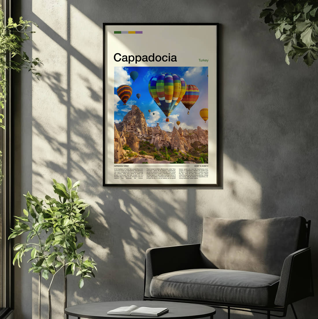 Cappadocia Hot Air Balloons Travel Print framed on the wall of a relaxed living room