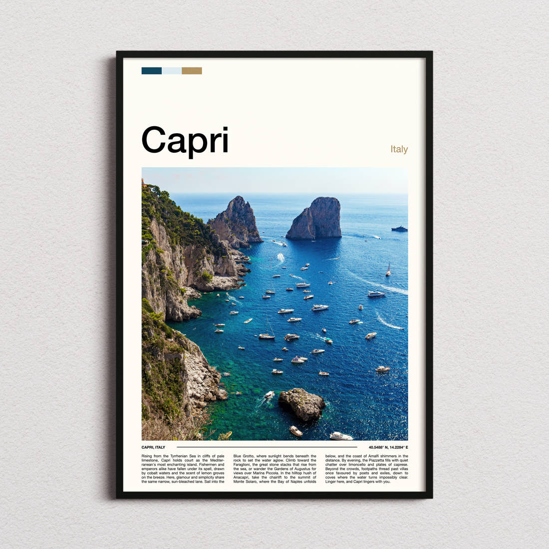 Capri Faraglioni Sea Stacks Travel Print framed and photographed straight on