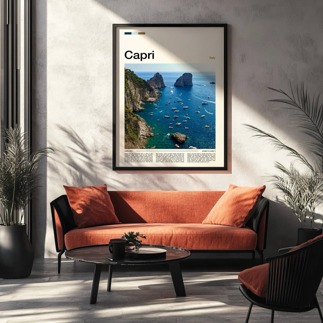 Capri Faraglioni Sea Stacks Travel Print framed on the wall of a modern living room