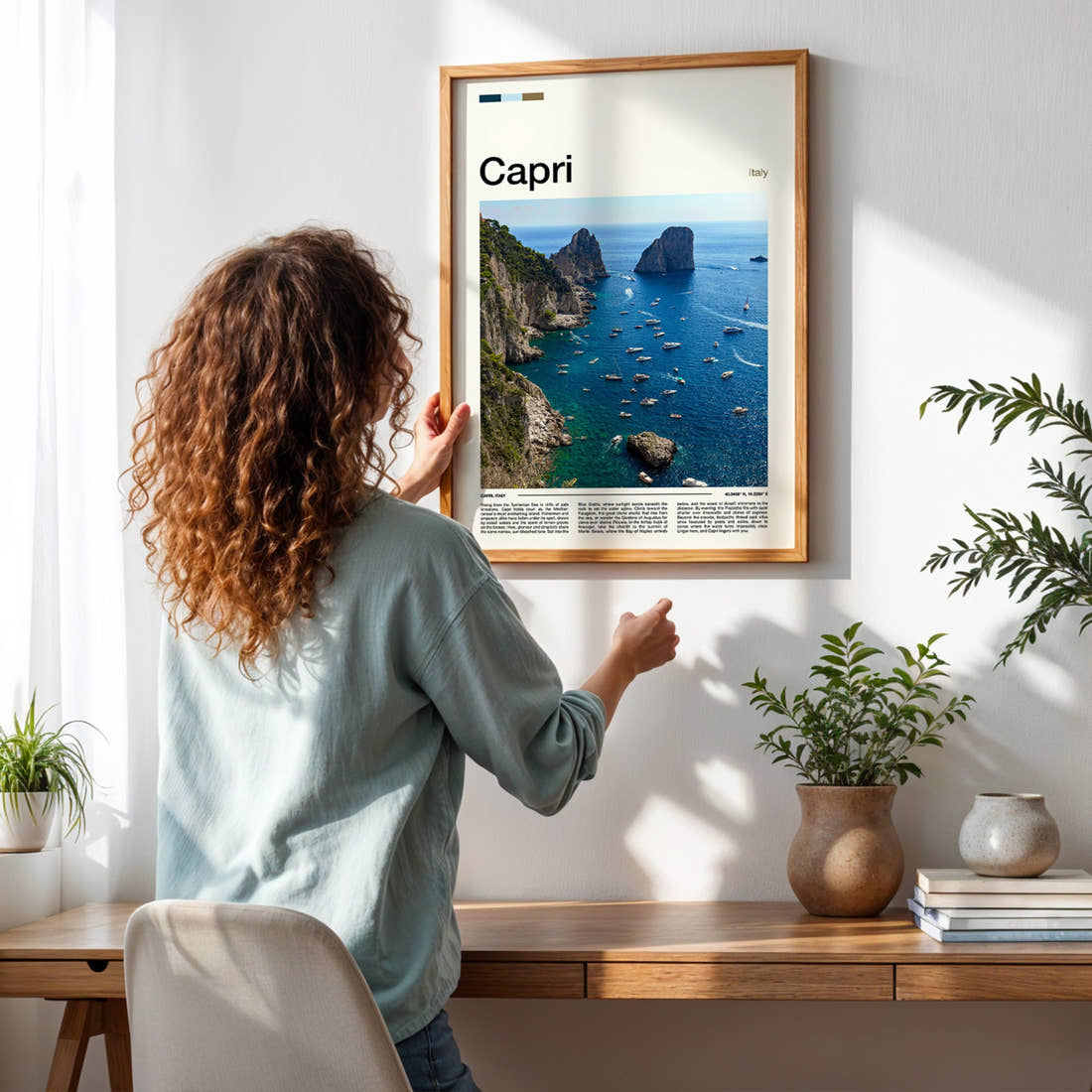 Capri Faraglioni Sea Stacks Travel Print framed on a pale wall beside houseplants