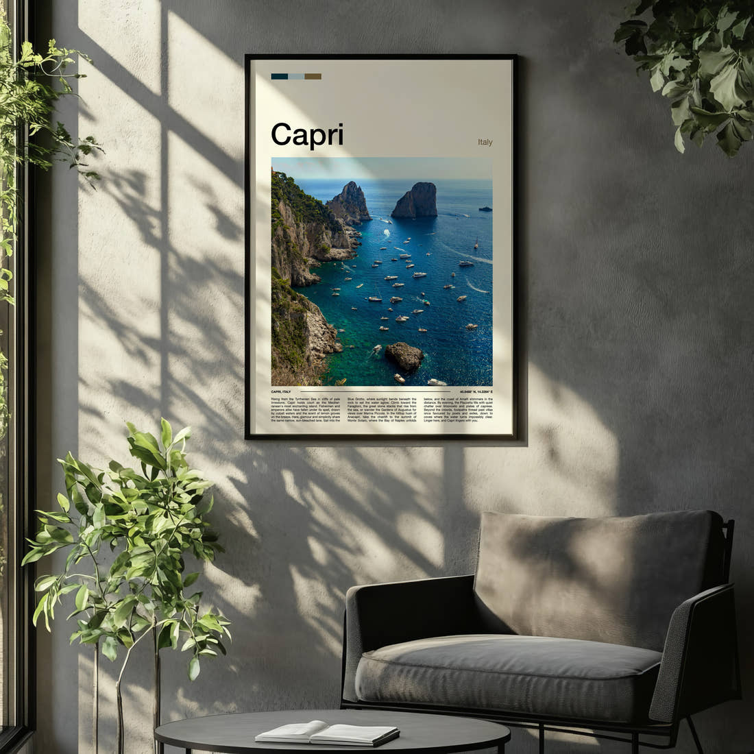 Capri Faraglioni Sea Stacks Travel Print framed on the wall of a relaxed living room