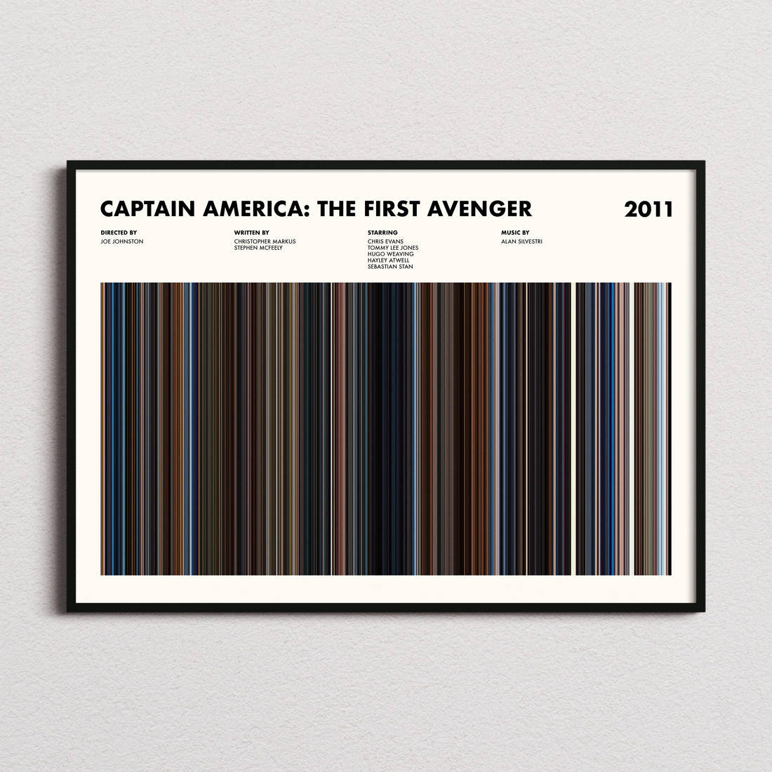 Captain America the First Avenger Movie Barcode Poster framed and photographed straight on
