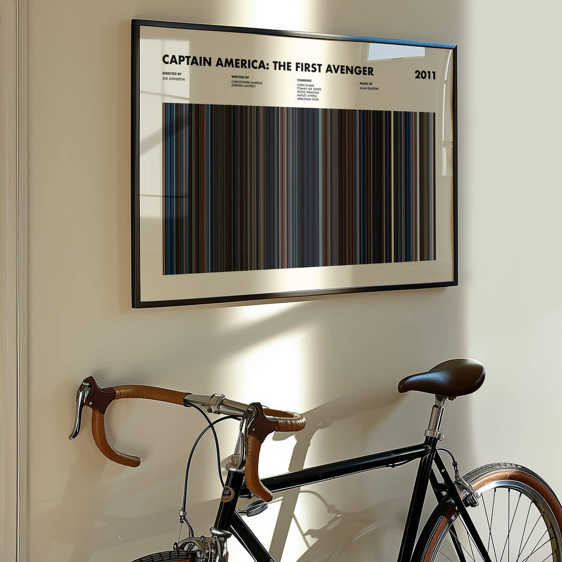Captain America the First Avenger Movie Barcode Poster framed on the wall of a styled room setting