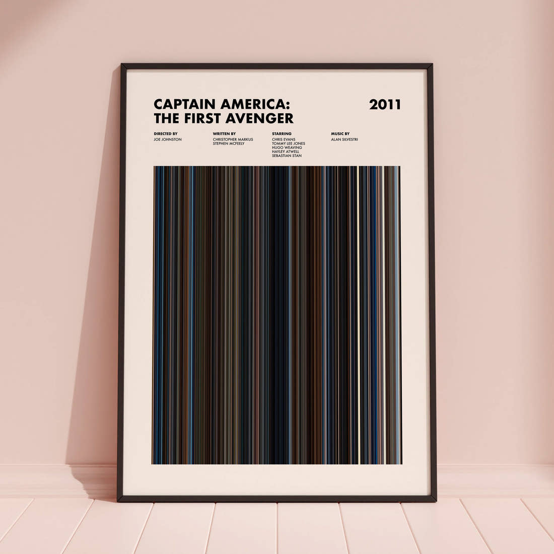 Captain America the First Avenger Movie Barcode Poster framed and leaning against a coloured wall