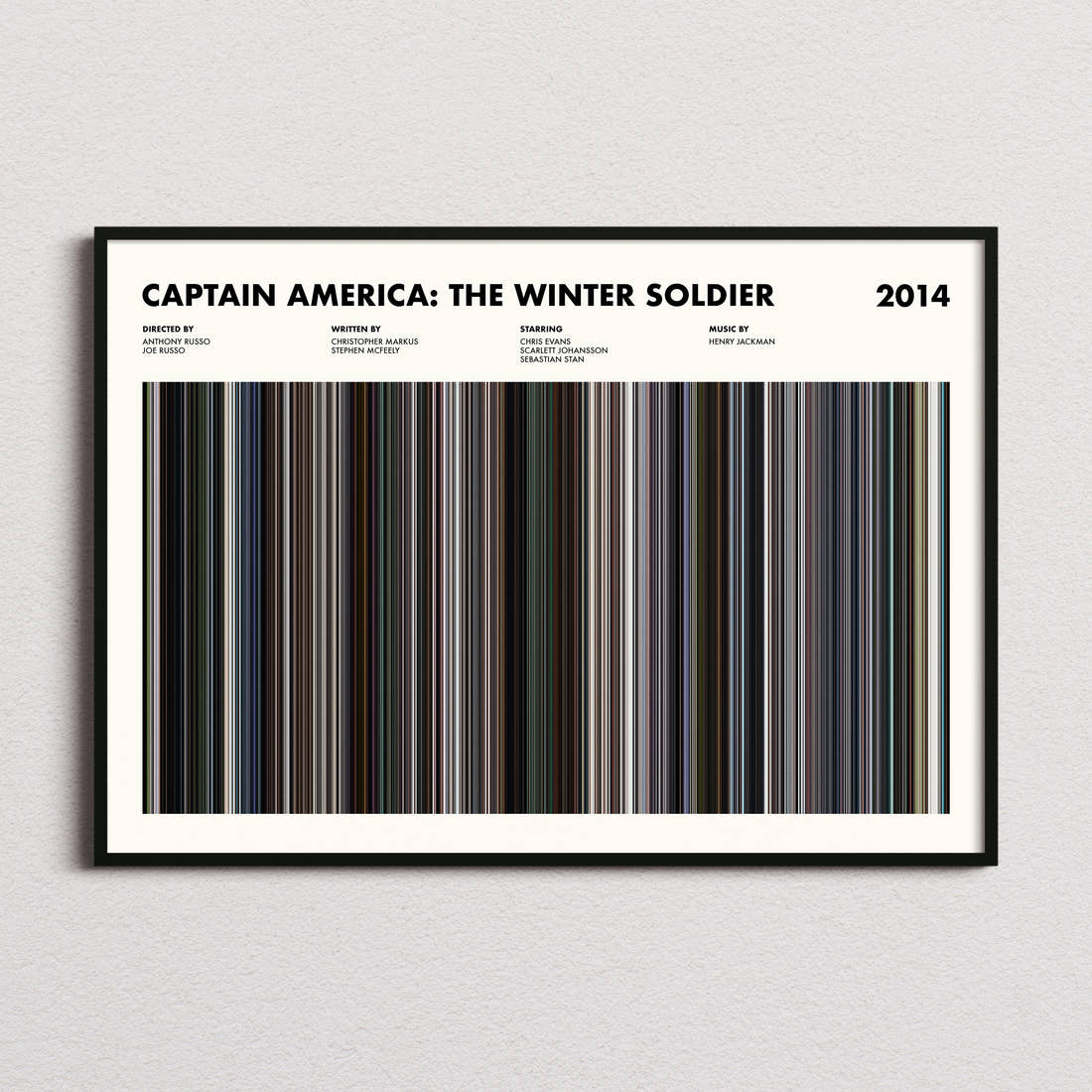 Captain America: The Winter Soldier Movie Barcode Poster framed and photographed straight on