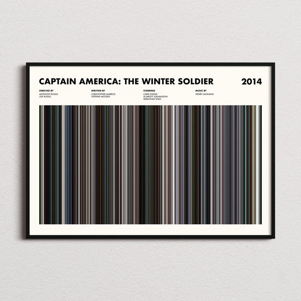 Captain America: The Winter Soldier Movie Barcode Poster framed and photographed straight on