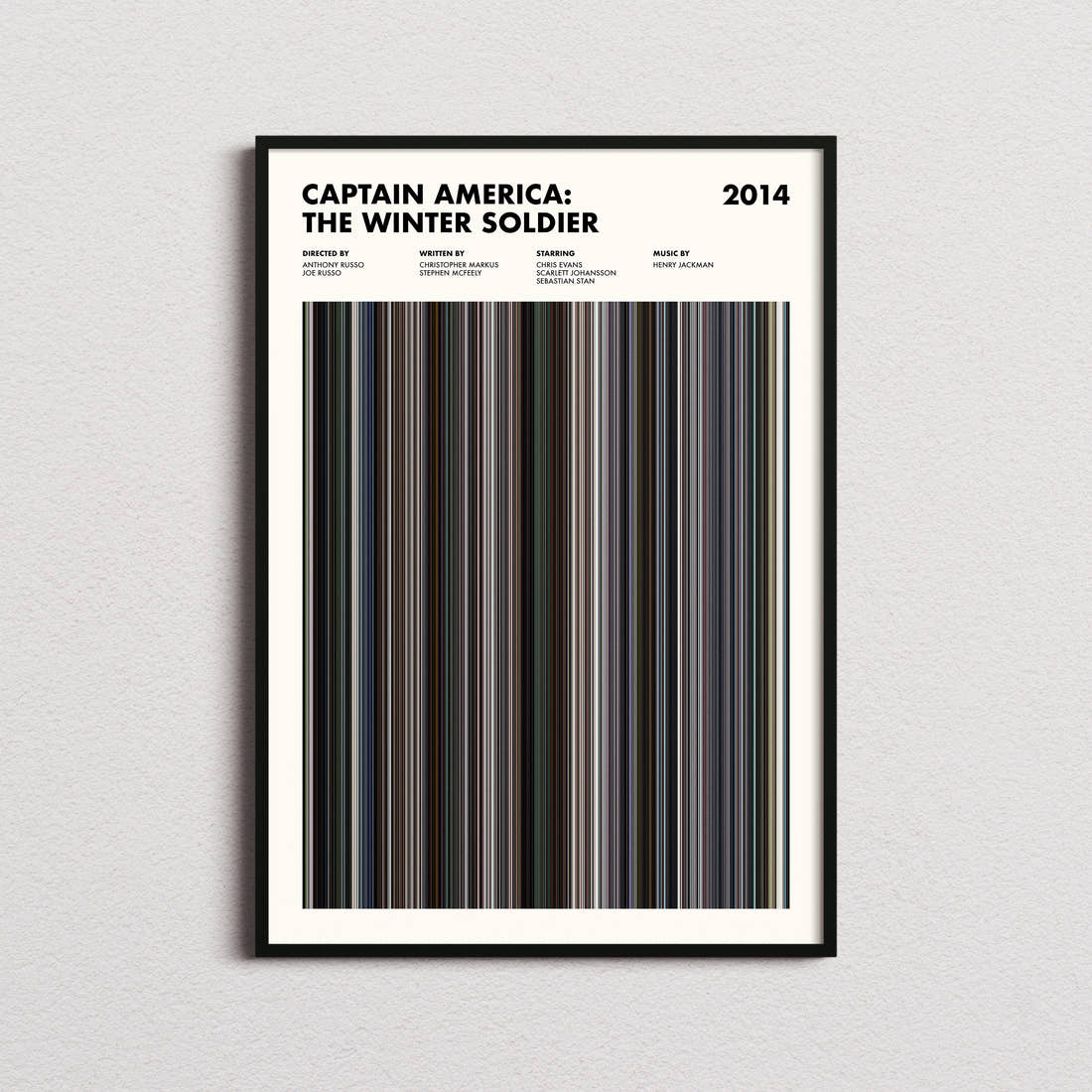 Captain America: The Winter Soldier Movie Barcode Poster framed on a plain studio wall