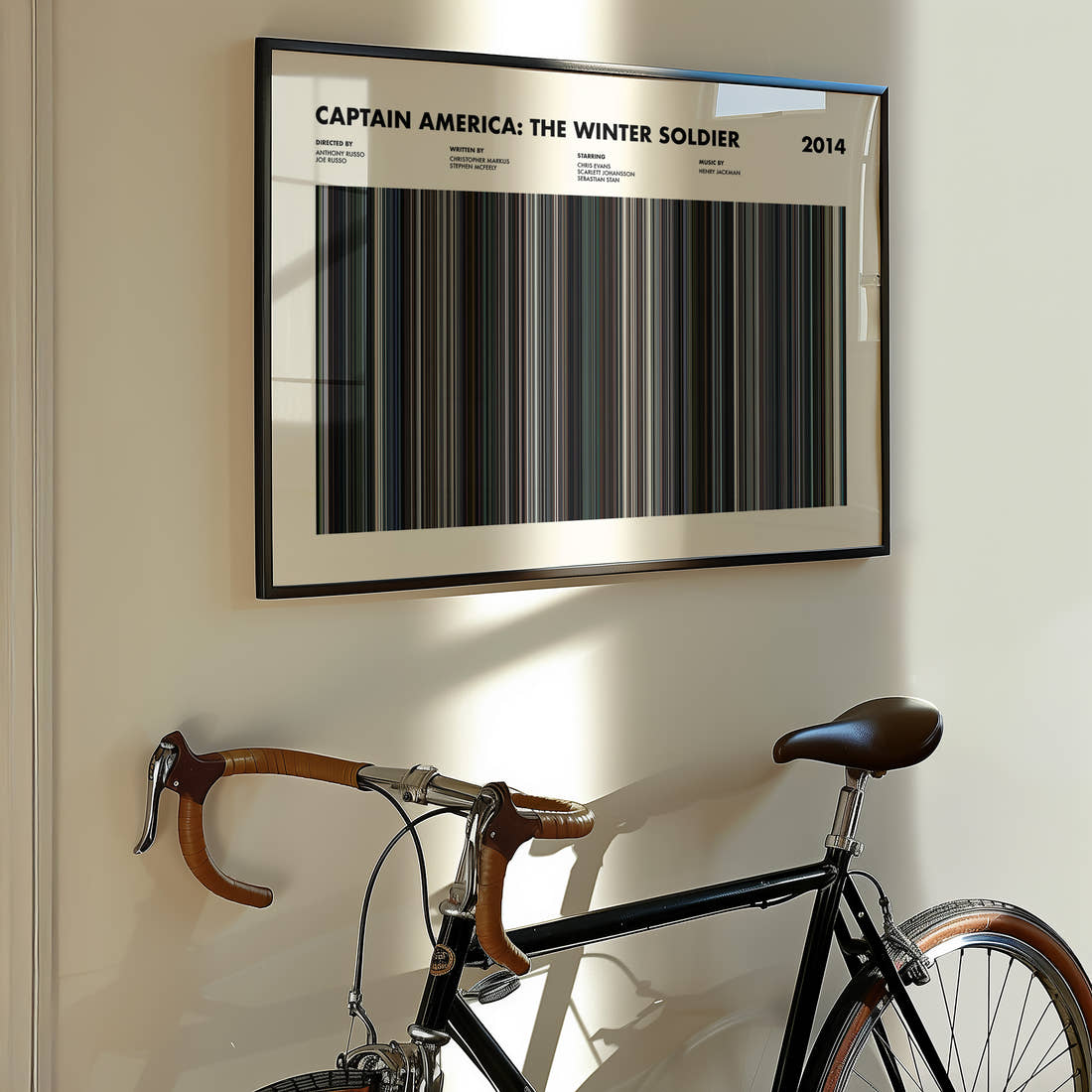 Captain America: The Winter Soldier Movie Barcode Poster framed on the wall of a styled room setting