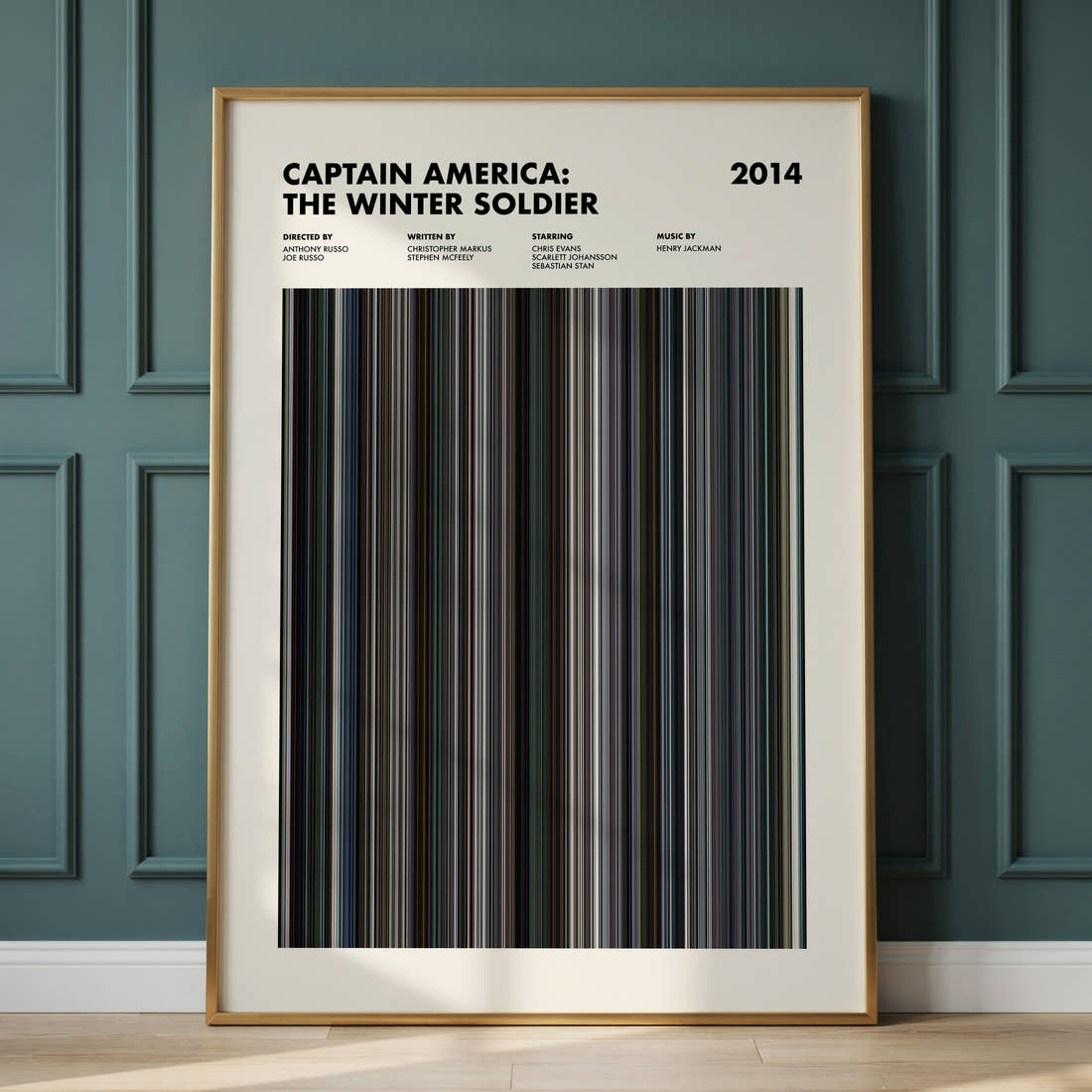 Captain America: The Winter Soldier Movie Barcode Poster framed and leaning against a panelled wall