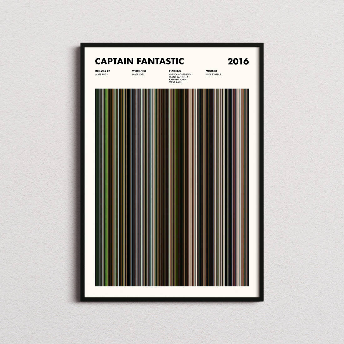 Captain Fantastic Movie Barcode Poster framed on a plain studio wall
