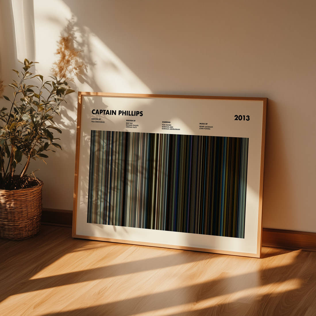 Captain Phillips Movie Barcode Poster framed and leaning against a wall on a wooden floor