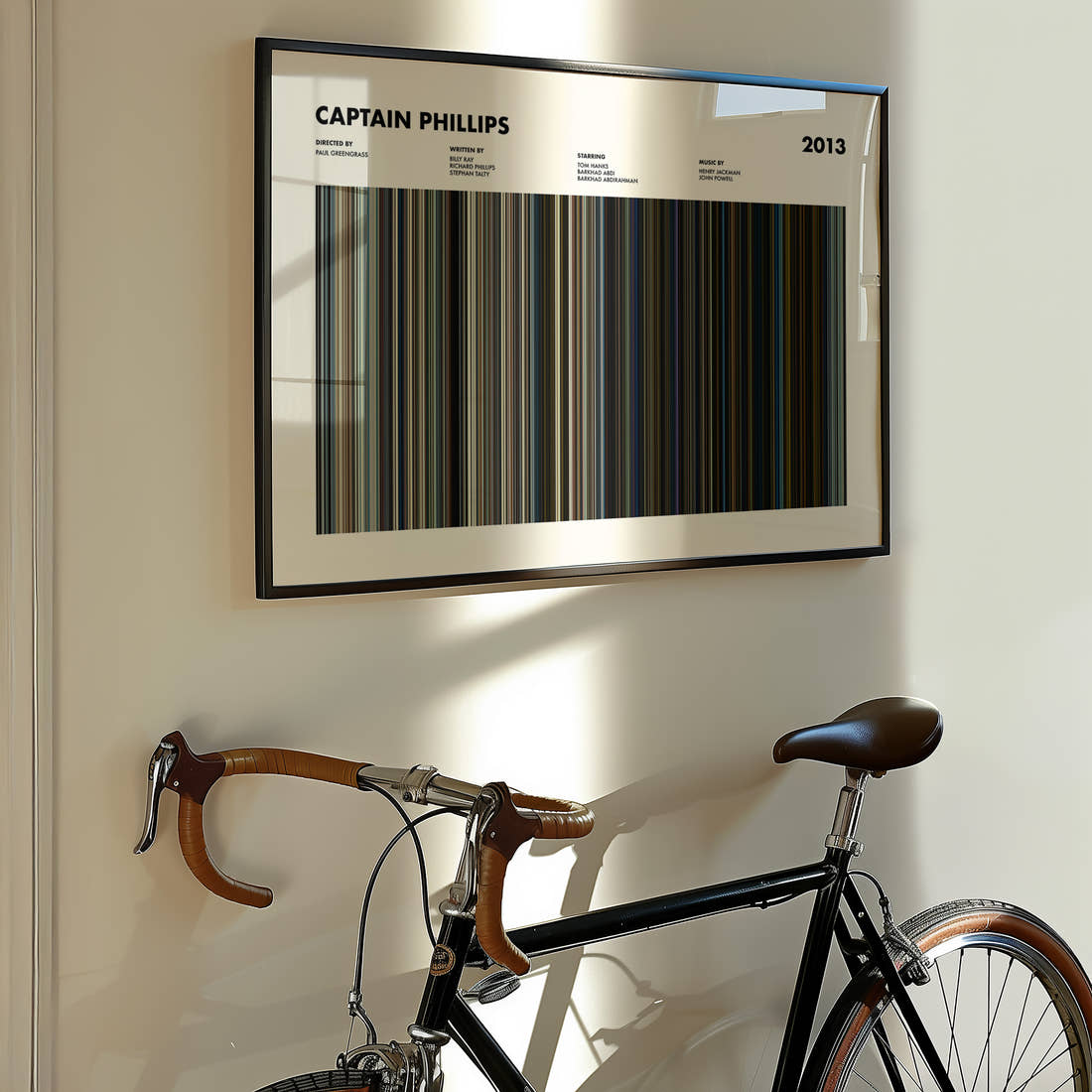 Captain Phillips Movie Barcode Poster framed on the wall of a styled room setting
