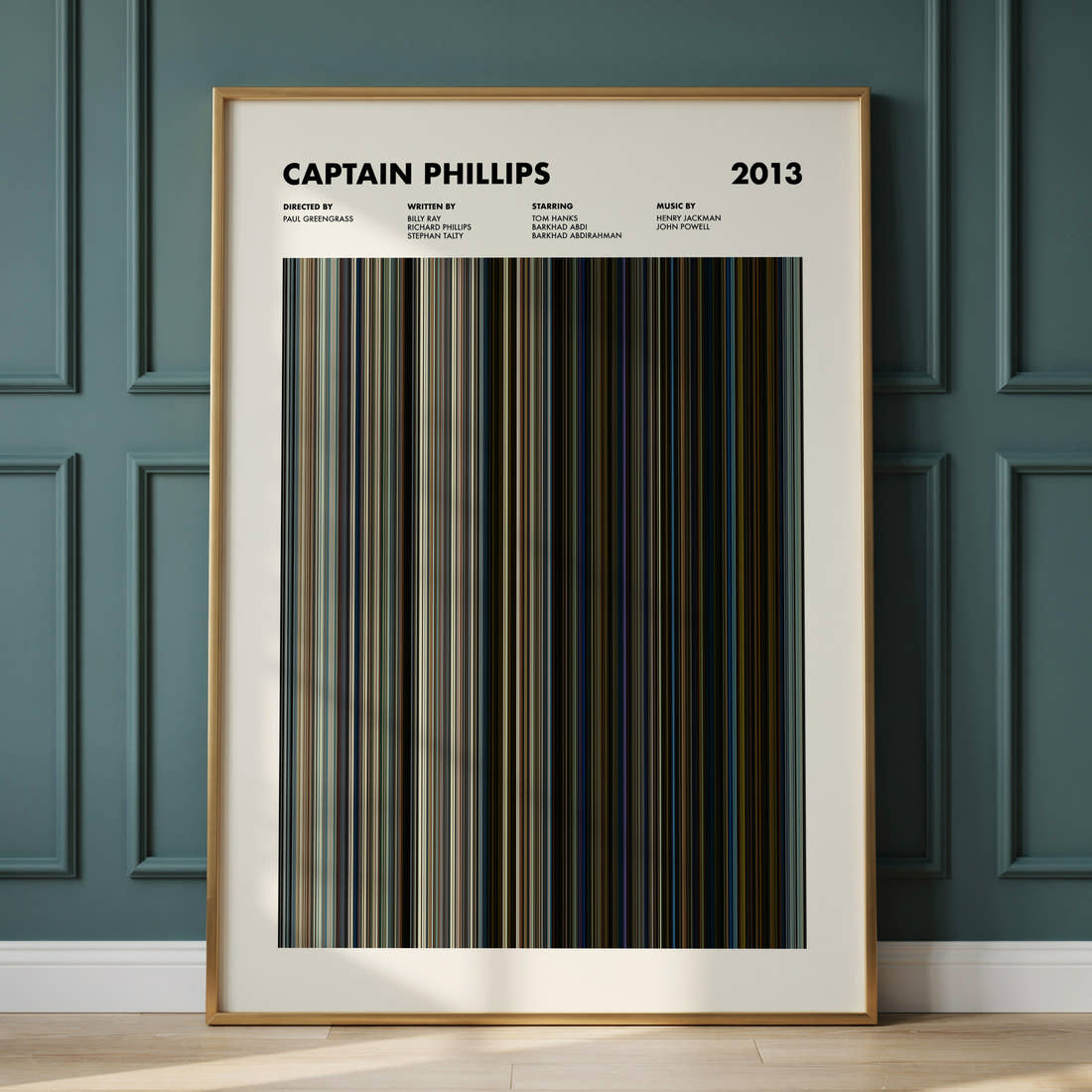 Captain Phillips Movie Barcode Poster framed and leaning against a panelled wall