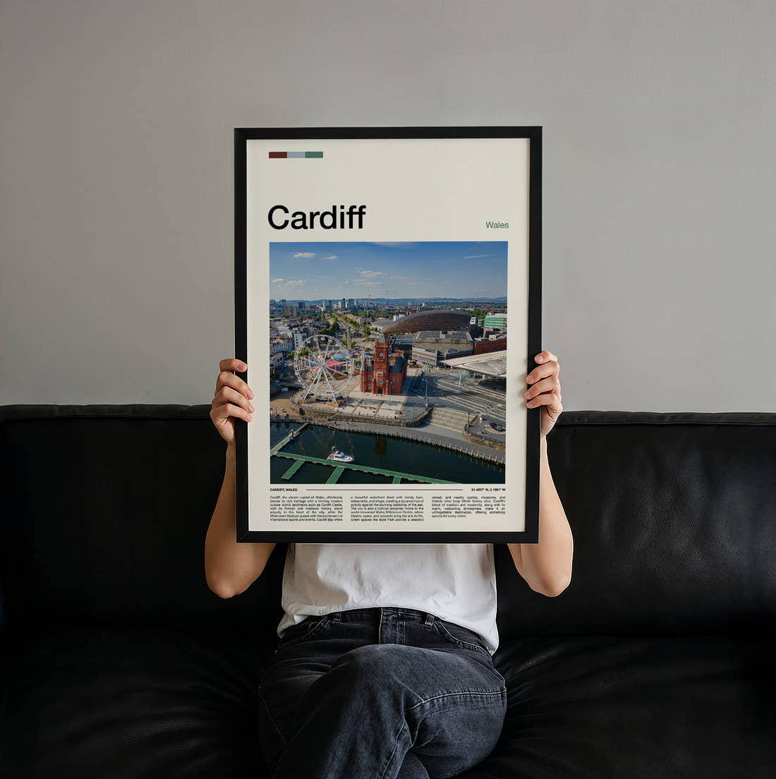 Cardiff Aerial View Of The Bay Travel Print held up by hand to show the size of the print
