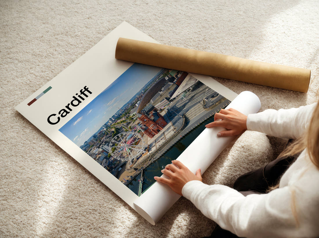 Cardiff Aerial View Of The Bay Travel Print being unrolled from its postal tube