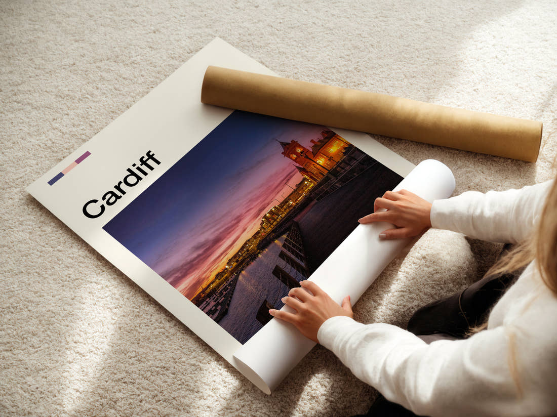Cardiff Pierhead Building Travel Print being unrolled from its postal tube