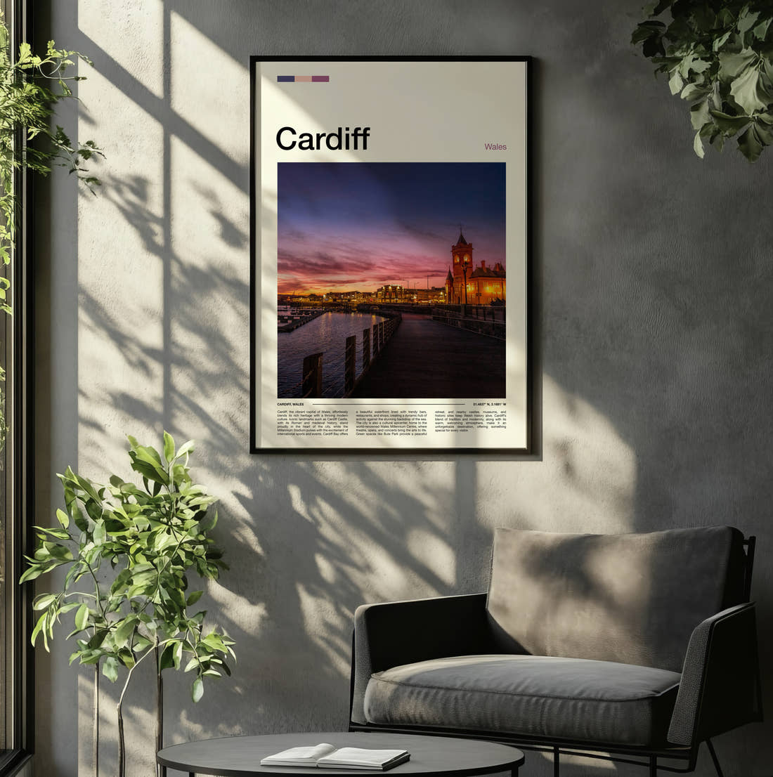 Cardiff Pierhead Building Travel Print framed on the wall of a relaxed living room