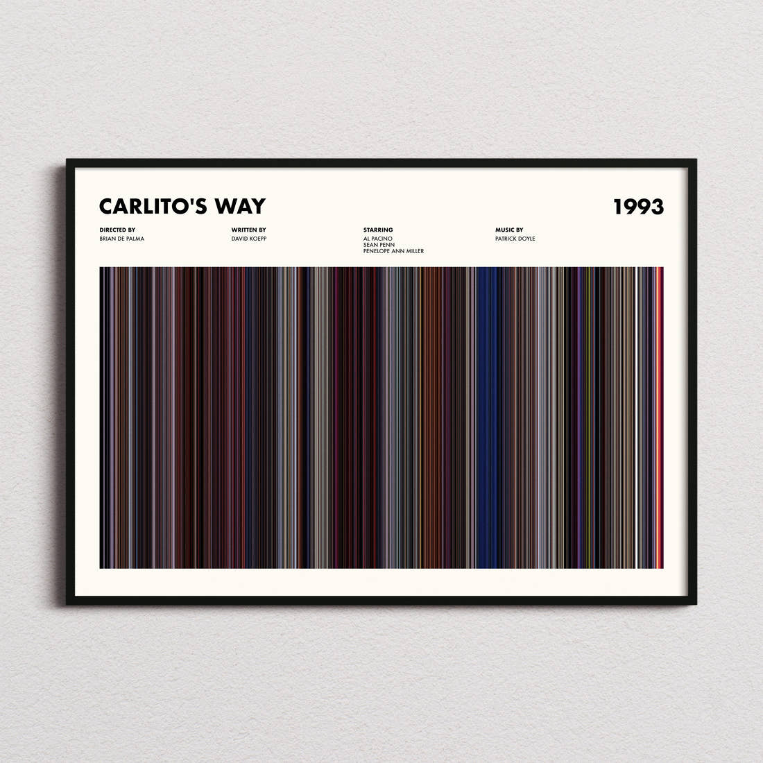 Carlito's Way Movie Barcode Poster framed and photographed straight on
