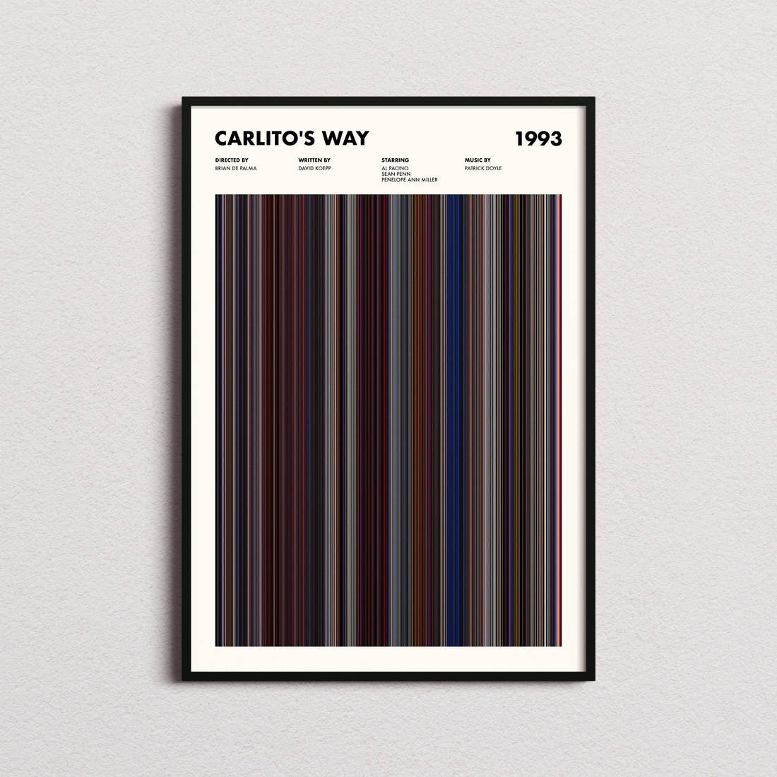 Carlito's Way Movie Barcode Poster framed on a plain studio wall