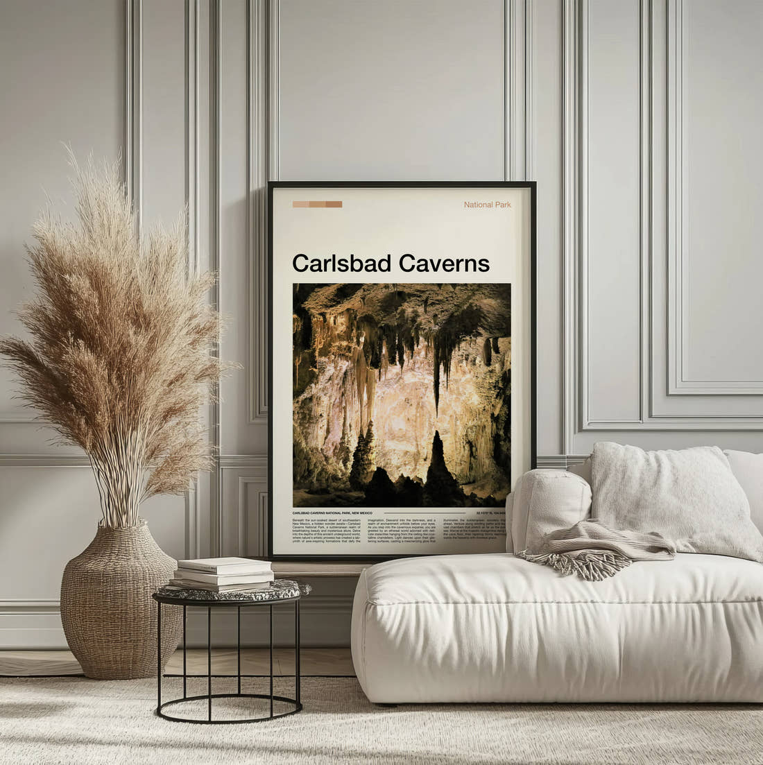 Carlsbad Caverns Stalactites And Stalagmites Travel Print framed on the wall of a calm, neutral bedroom