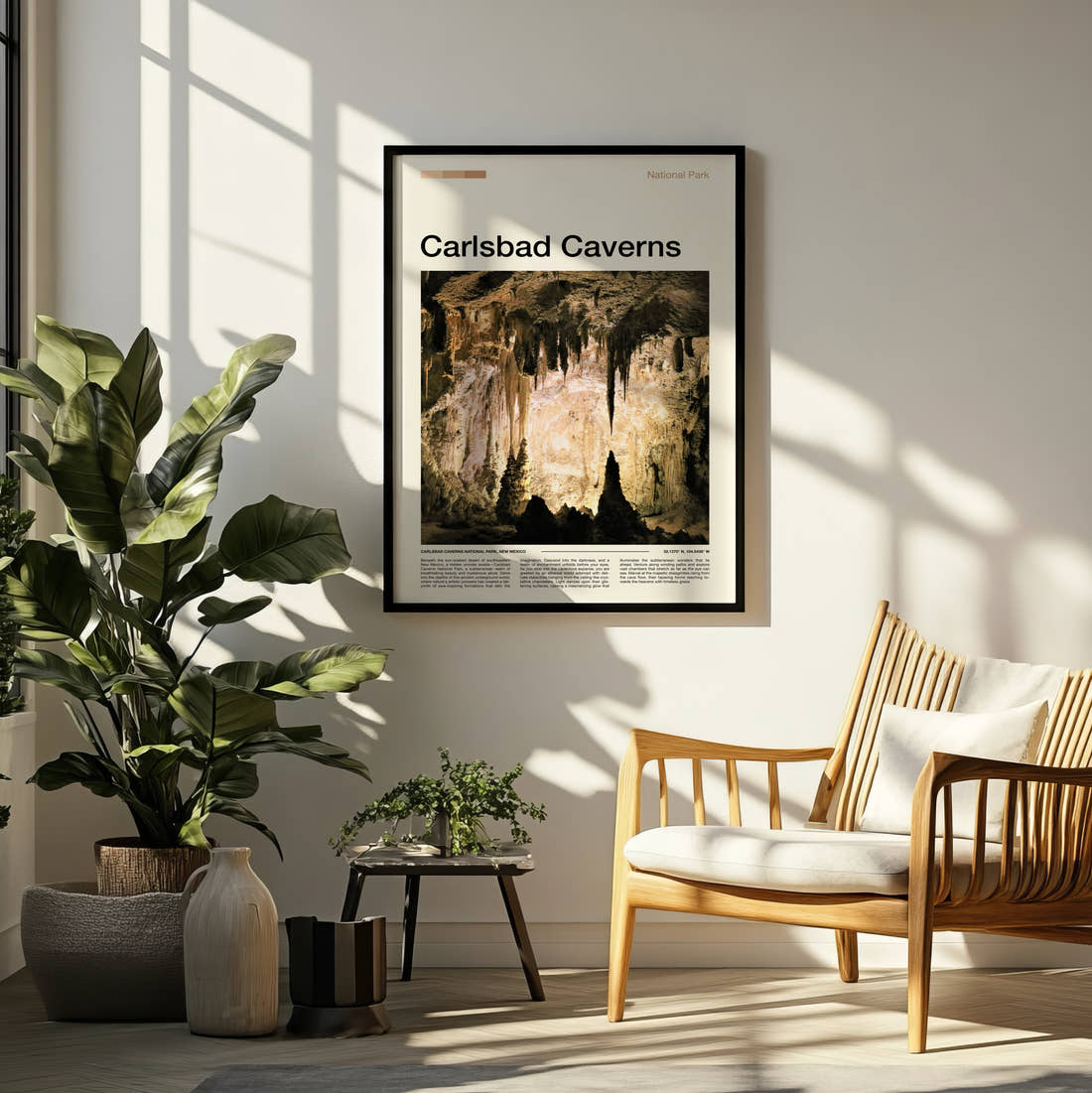 Carlsbad Caverns Stalactites And Stalagmites Travel Print framed on a pale wall beside houseplants