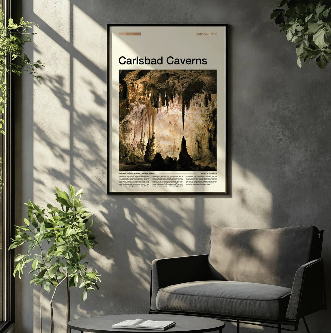 Carlsbad Caverns Stalactites And Stalagmites Travel Print framed on the wall of a relaxed living room