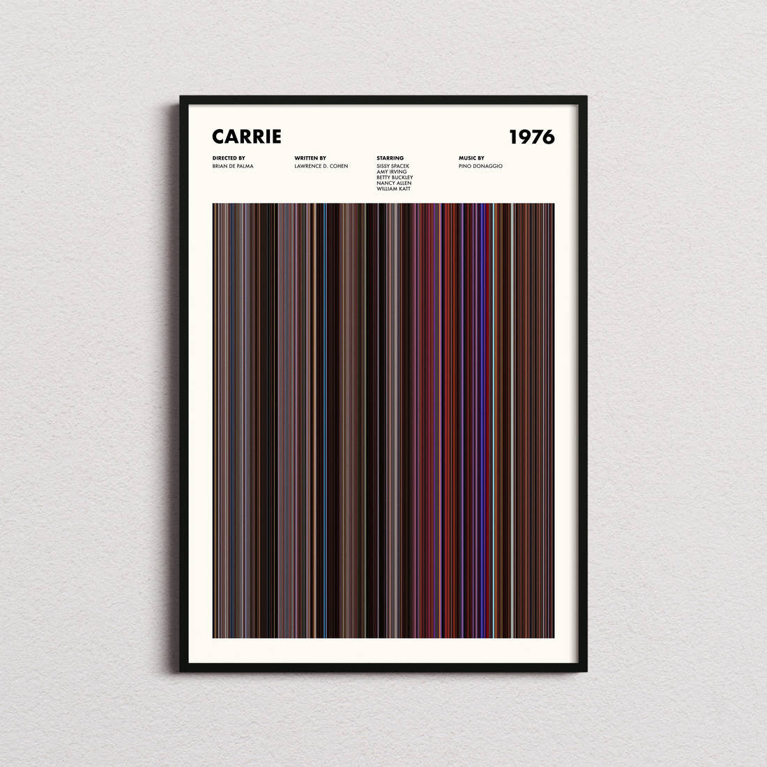 Carrie Movie Barcode Poster framed on a plain studio wall