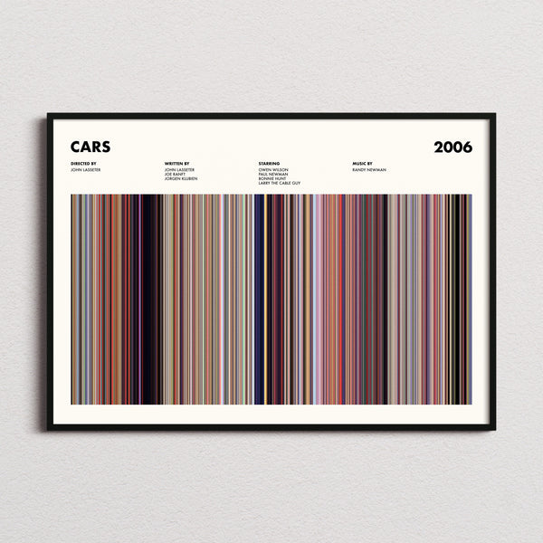Cars Movie Barcode Poster framed and photographed straight on