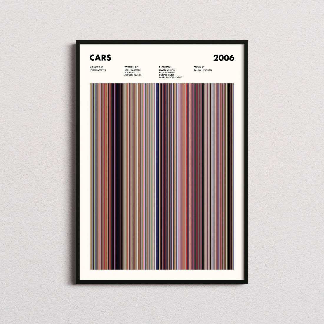 Cars Movie Barcode Poster framed on a plain studio wall