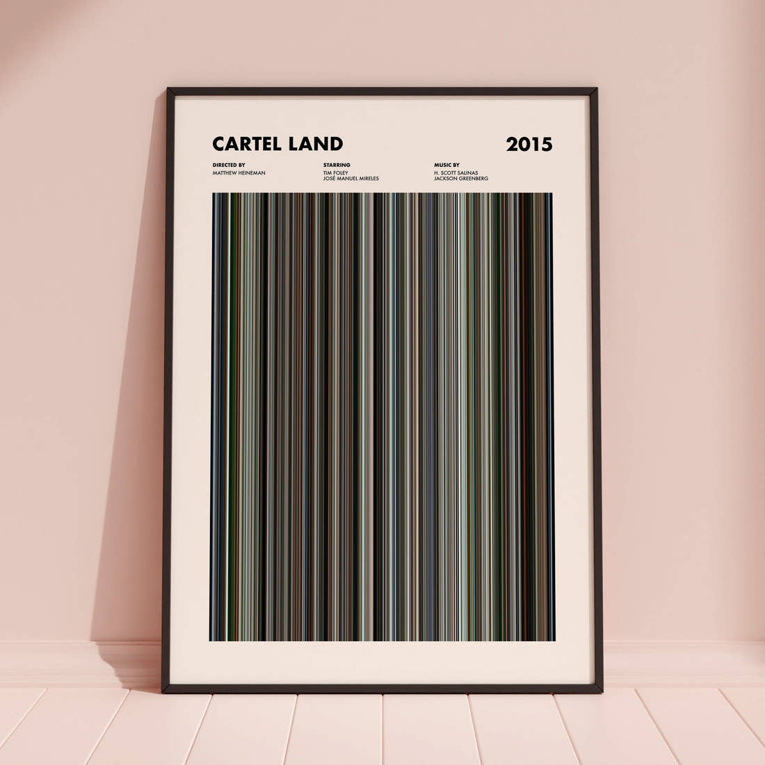Cartel Land Movie Barcode Poster framed and leaning against a coloured wall