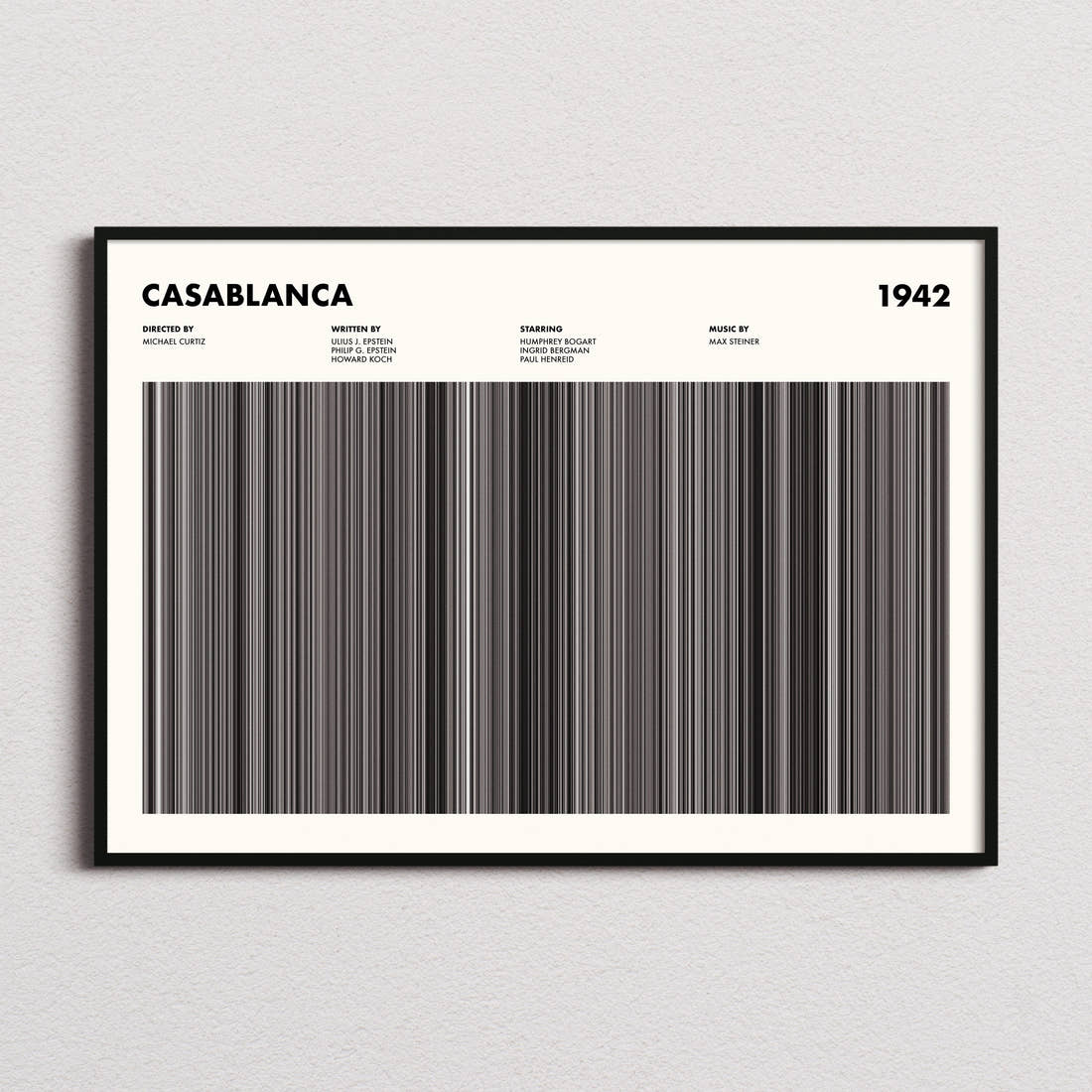Casablanca Movie Barcode Poster framed and photographed straight on
